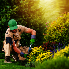 Garten- und Landschaftsbauer bei der Arbeit in einem Gartenprojekt.