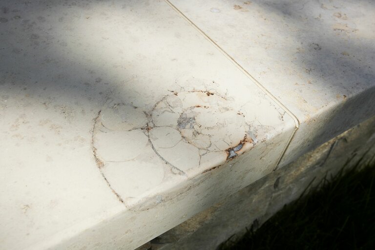 Detailansicht von Muschelkalk Bodenplatten aus Naturstein