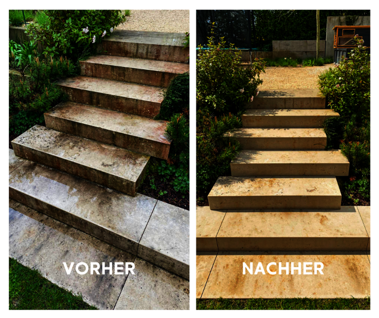 Vorher-Nachher Vergleich der Reinigung von Natursteinoberflächen mit Spezialreinigern